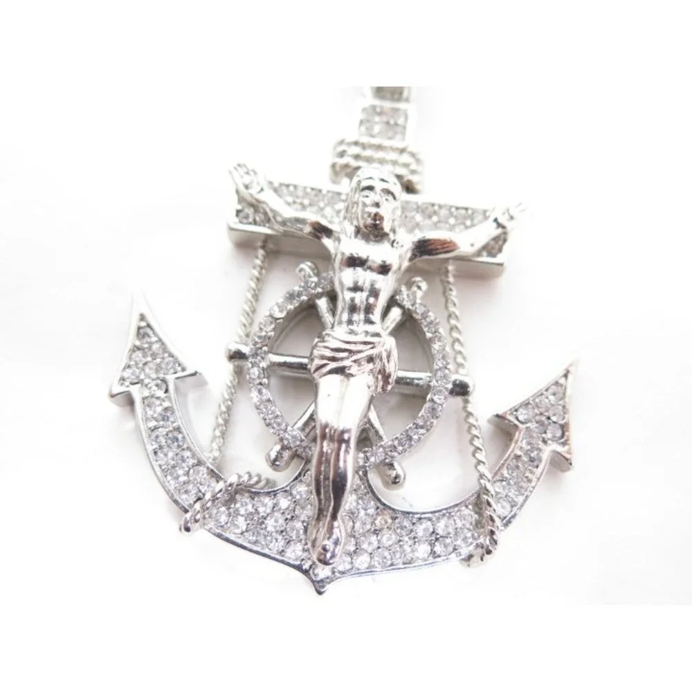 SILVER TONE RHINESTONE ANCHOR CRUCIFIX JESUS PENDANT NAUTICAL SHIP WHEEL‎ BLING
